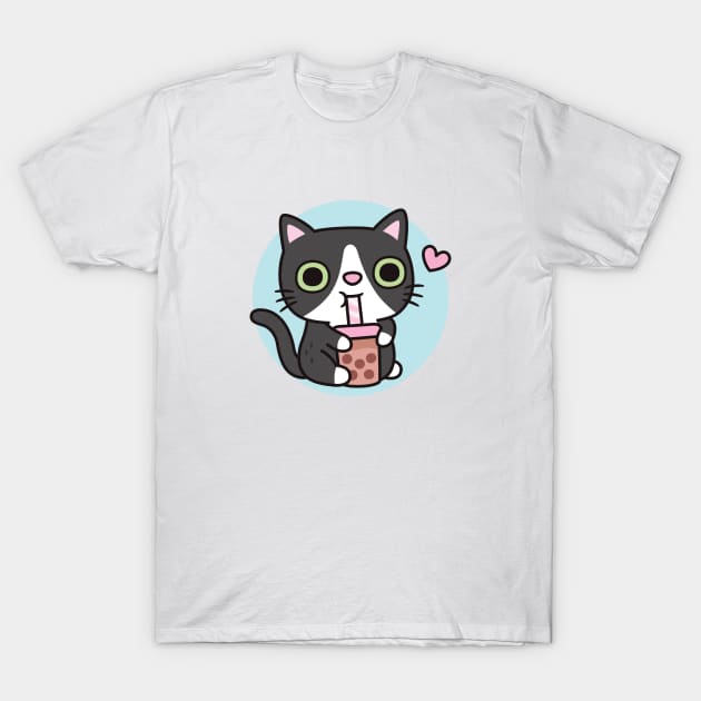 Cute Black Tuxedo Cat Loves Drinking Bubble Tea T-Shirt by rustydoodle